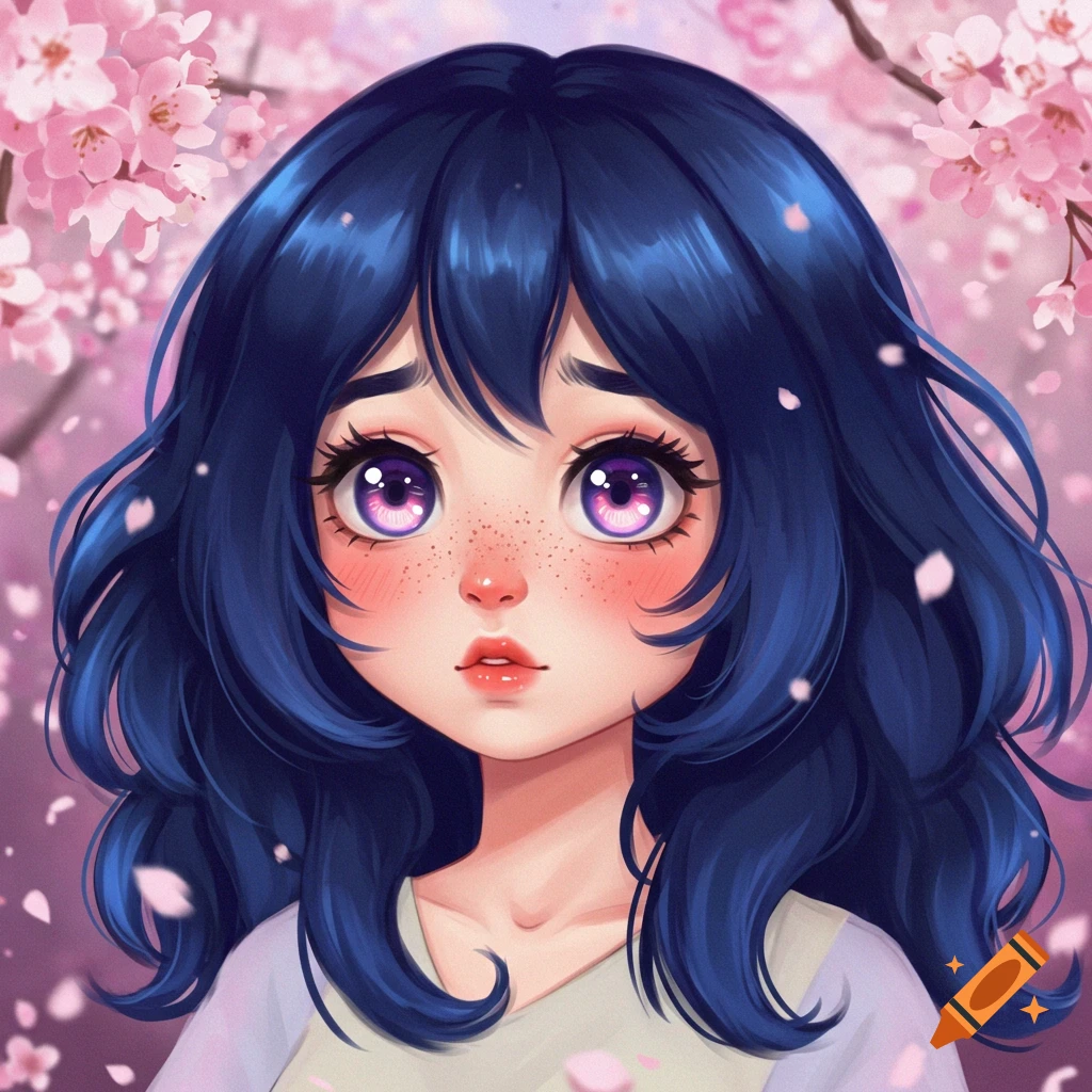Anime illustration of a cute girl with dark blue hair, pink eyes, blushing, freckles, surrounded by pink cherry blossoms.
