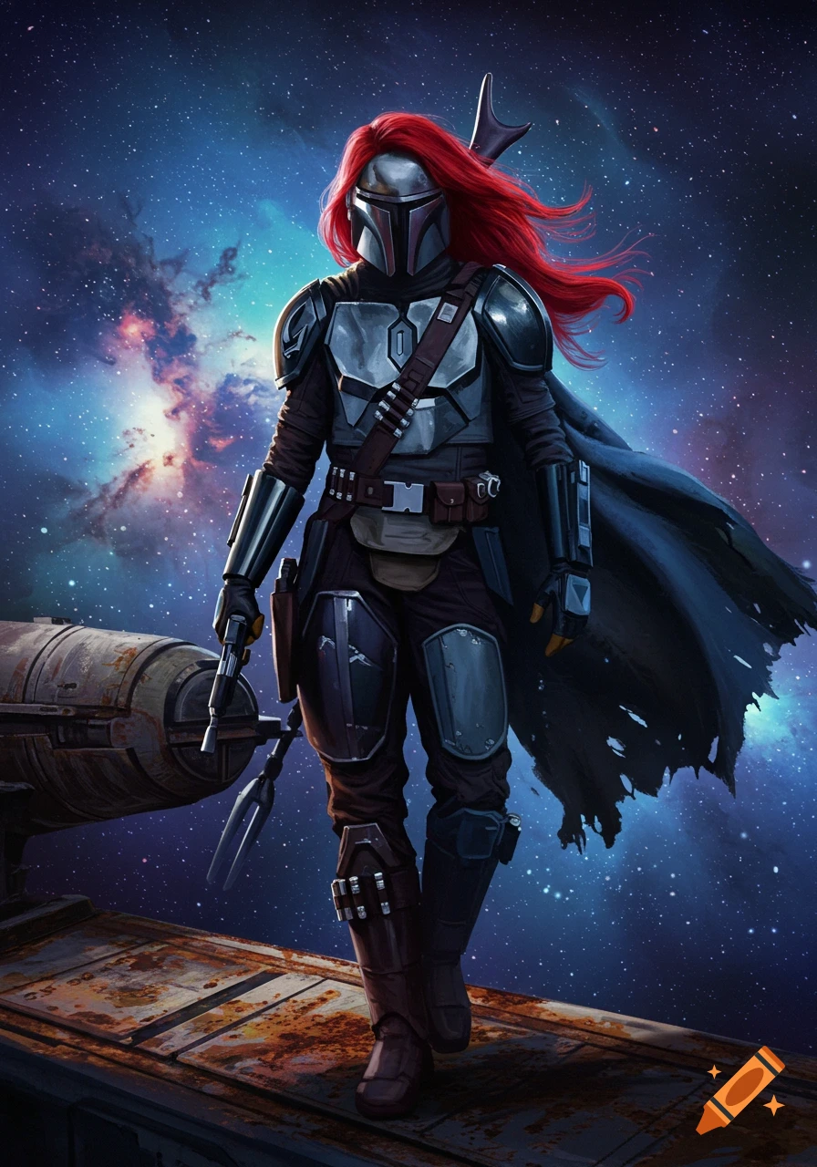 A Mandalorian character with red hair and dark armor stands on a metallic platform against a starry galaxy, holding a blaster.