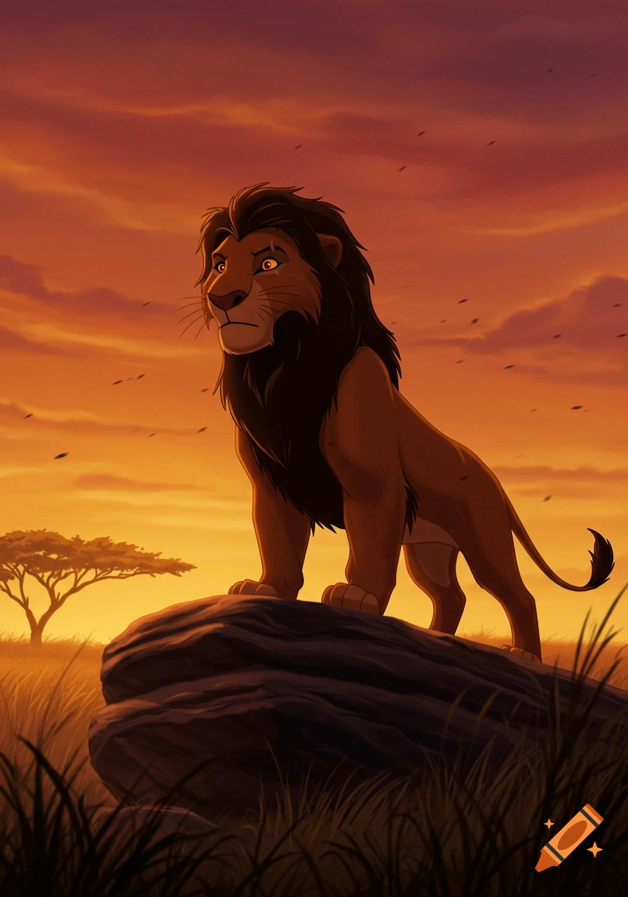Cartoon lion with a dark mane and scar on a rock, observing a savanna sunset in the style of The Lion King.
