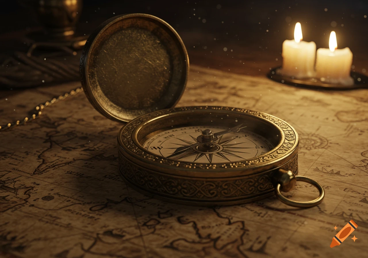 An antique brass compass with an open lid lies on an old map, illuminated by two lit candles in the background.