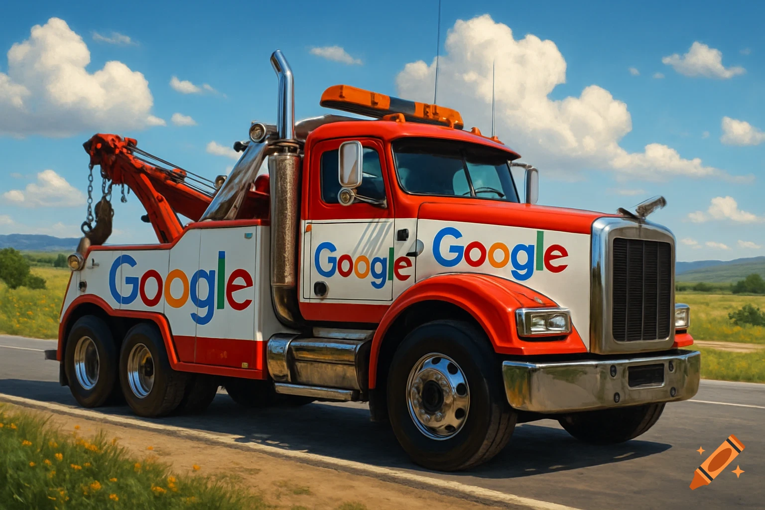 A red and white tow truck with Google logos drives down a road under a blue sky.