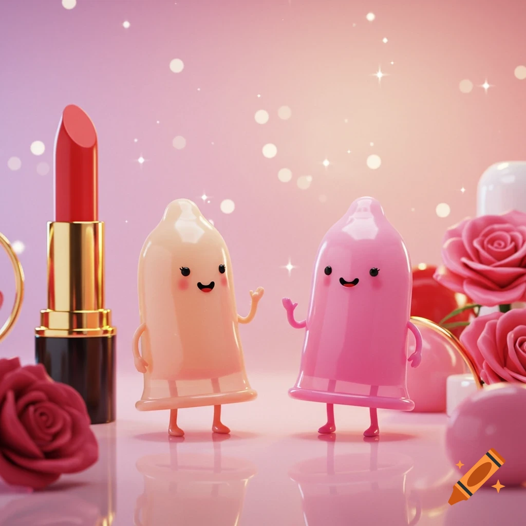 Two cute, smiling cartoon condoms, one peach and one pink, stand talking amidst lipstick, roses, and sparkling lights on a reflective pink surface.