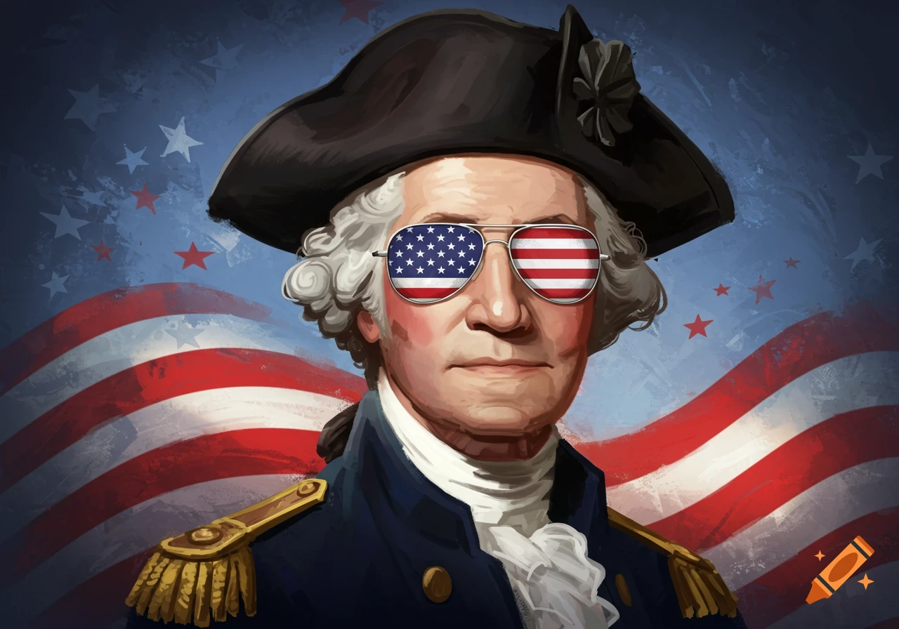 Stylized portrait of George Washington wearing a tricorn hat and aviator sunglasses with American flag reflections, patriotic background.