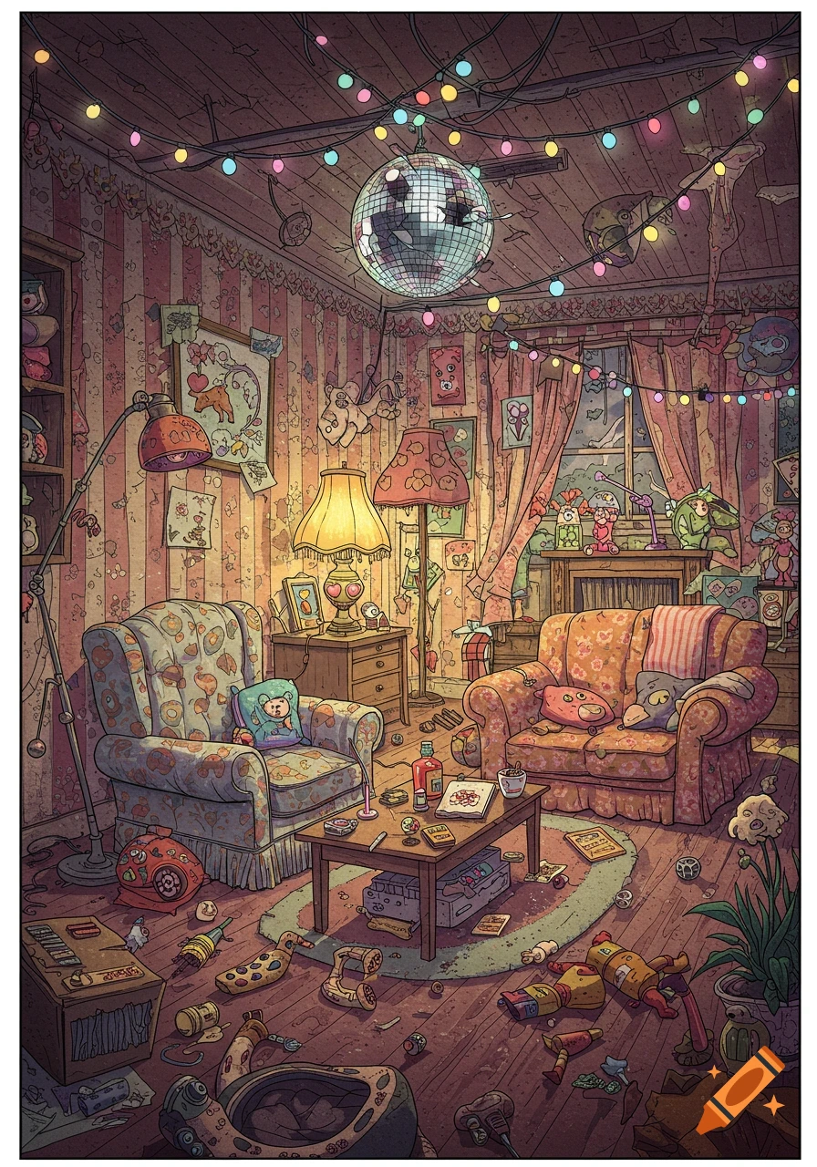 A cluttered, cartoonish room with a disco ball, string lights, and mismatched furniture. The floor is strewn with toys and junk.