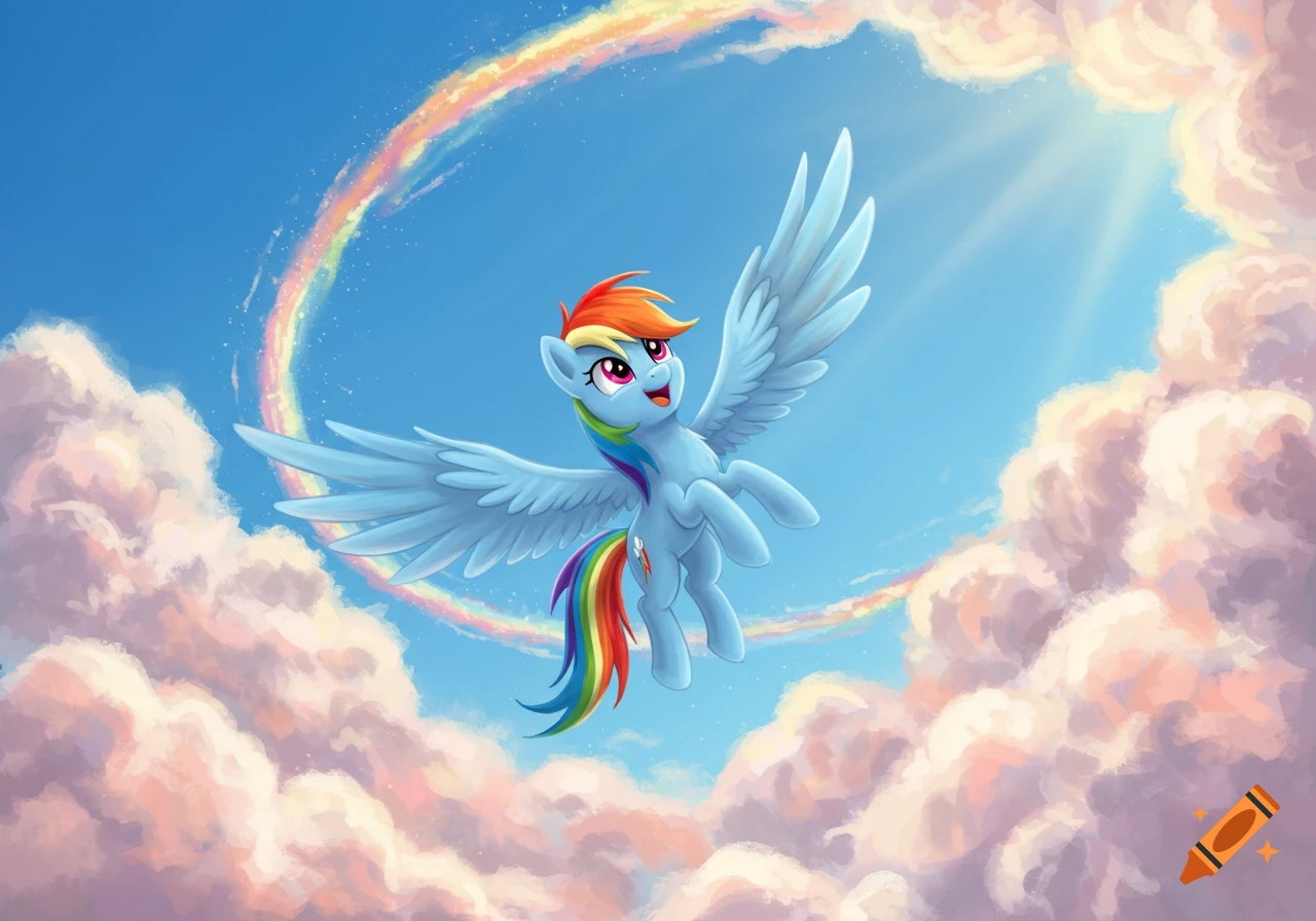 Rainbow Dash flying happily in a blue sky with fluffy clouds and a rainbow arc, in a vibrant cartoon style.