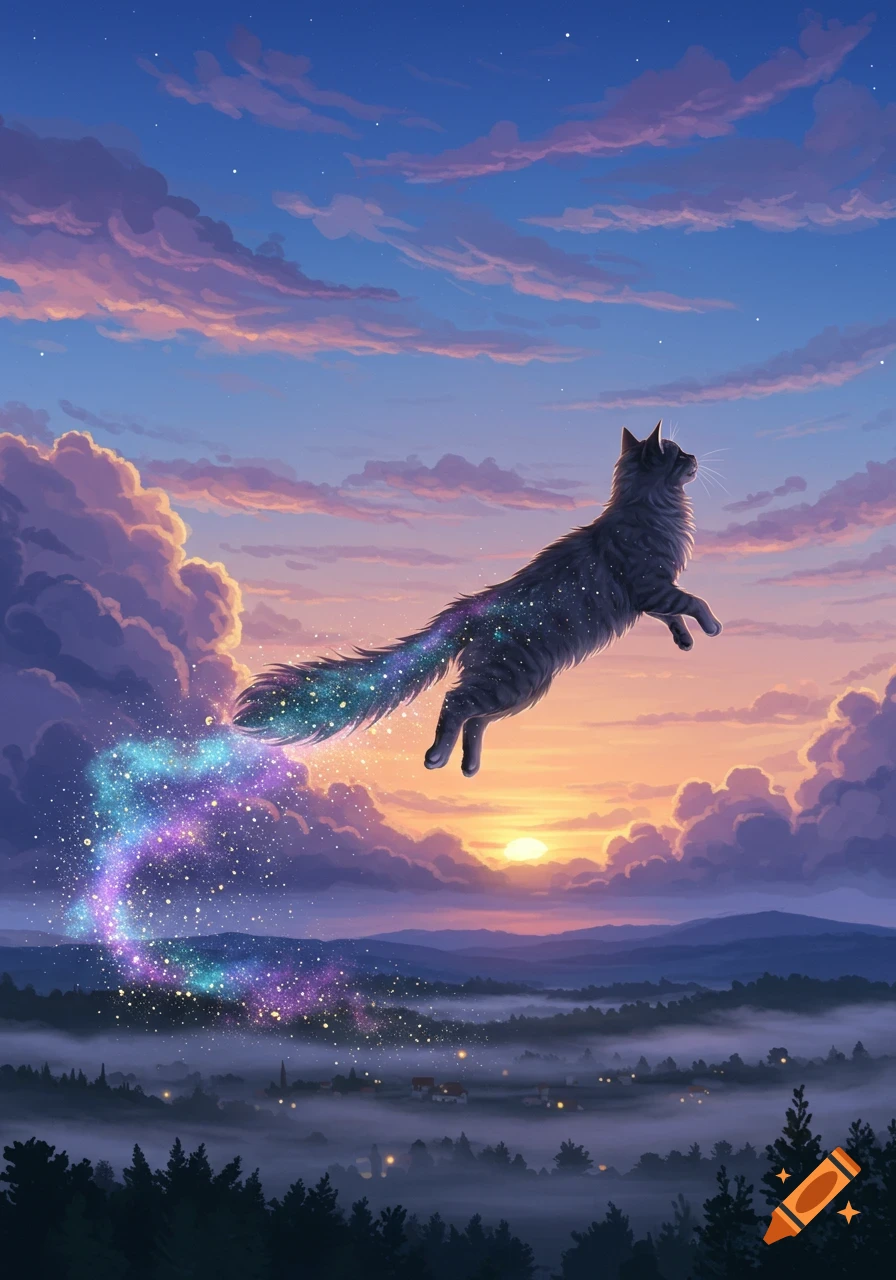 A fluffy grey cat flies across a vibrant sunset sky with pink clouds, leaving a sparkling, colorful, star-filled trail above a misty forest and village.
