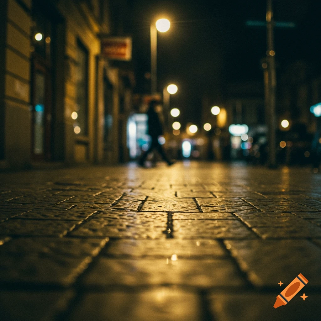Low-angle street shot at night, showing wet brick pavement reflecting warm streetlights and a blurred figure walking in the distance.