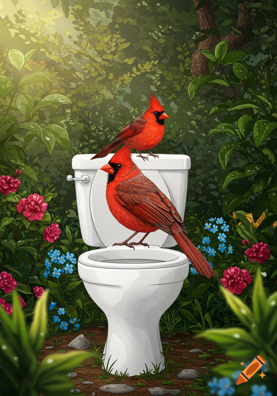 Two red cardinal birds perch on a white toilet in a lush forest with pink and blue flowers, in an illustrative style.
