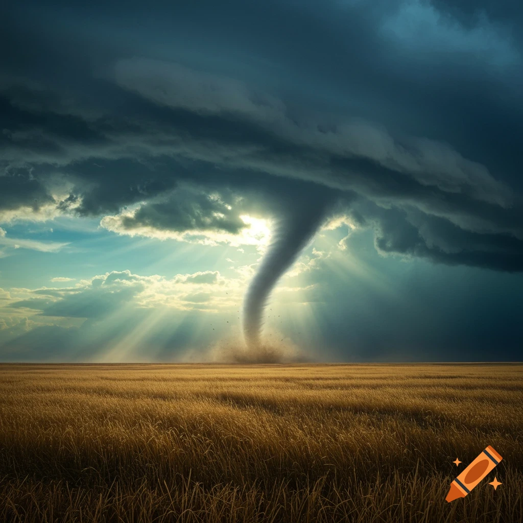 A powerful tornado swirls over a golden field under a dramatic, stormy sky with sun rays breaking through.