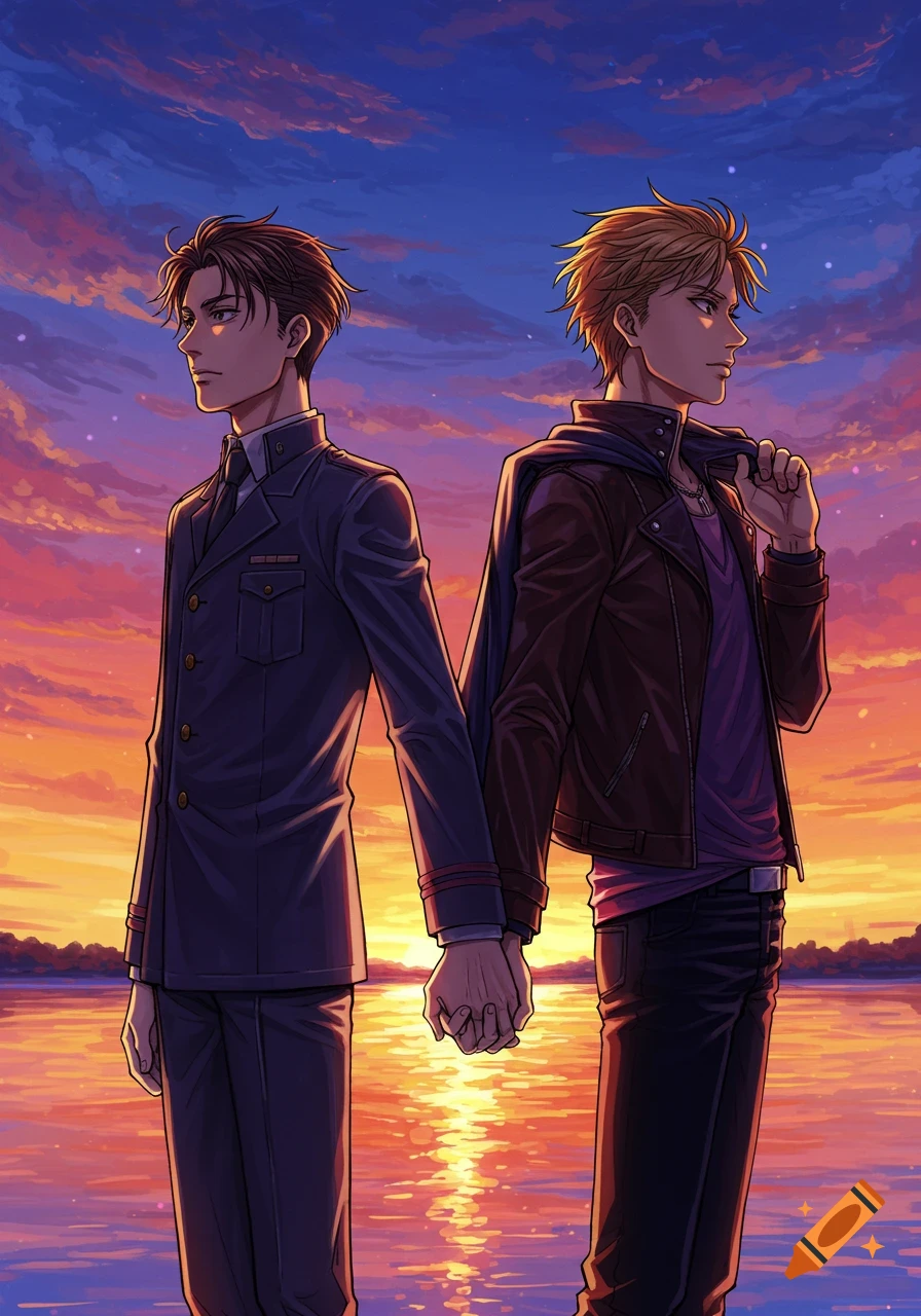 Two anime men, one in a dark uniform and one in a leather jacket, hold hands at sunset by a lake.