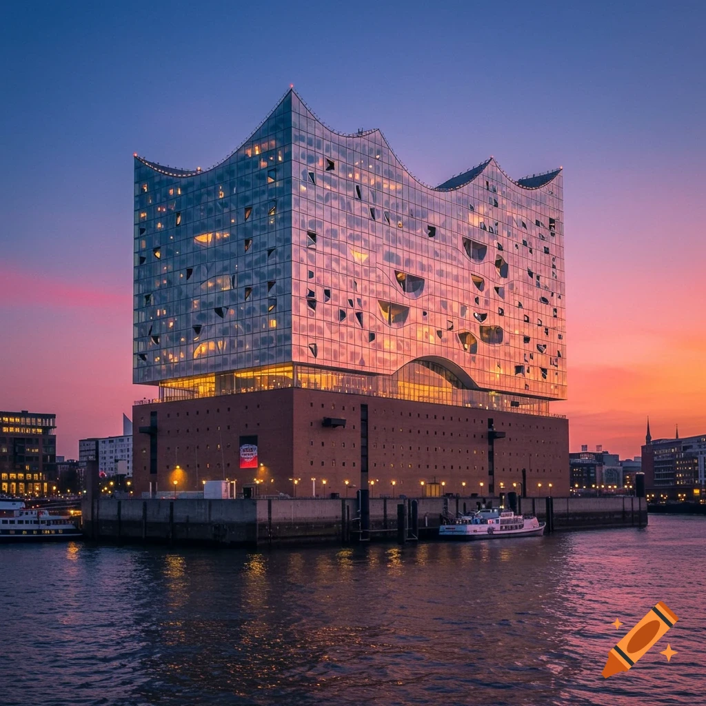 Photorealistic view of the Elbphilharmonie in Hamburg at sunset, reflecting in the water.