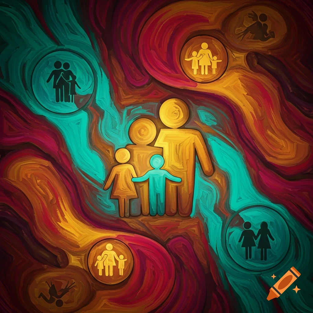 Abstract painting featuring stylized gold and teal family figures on a swirling colorful background, surrounded by circular icons of other families.