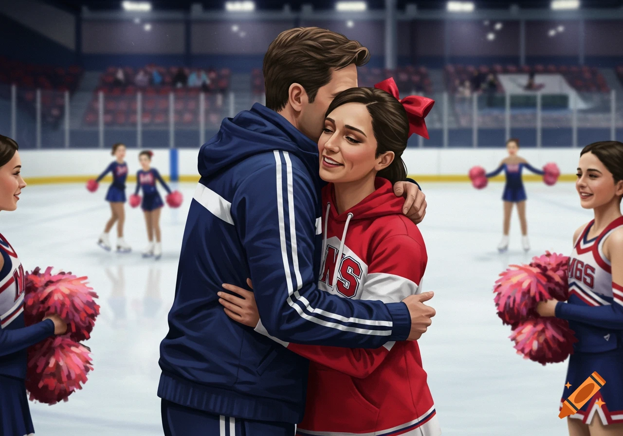 An illustrated scene of a man and woman hugging on an ice rink, with cheerleaders in the background.