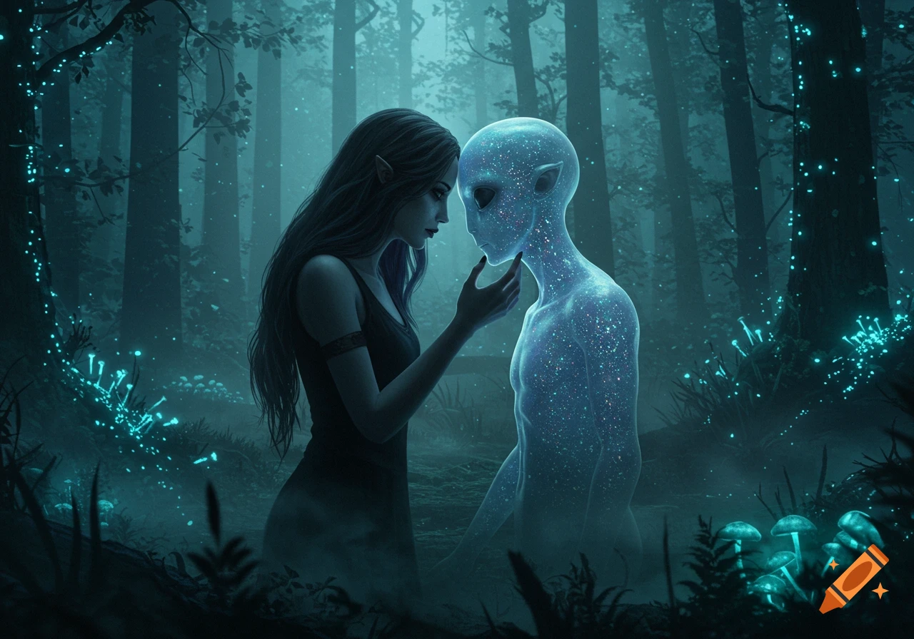 An elf-like woman gently touches the face of a glowing, star-dusted alien in a dark, bioluminescent fantasy forest.