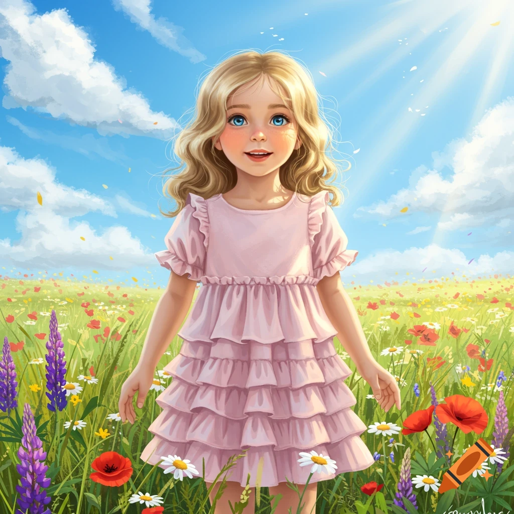 A young blonde girl with blue eyes in a pink ruffled dress stands in a sunny field of colorful wildflowers under a blue sky.