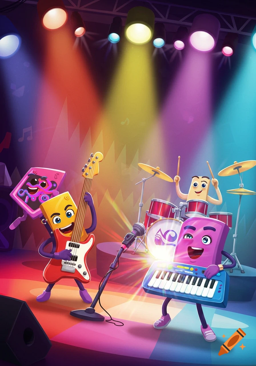 Vibrant cartoon characters playing instruments on a colorful stage with spotlights.