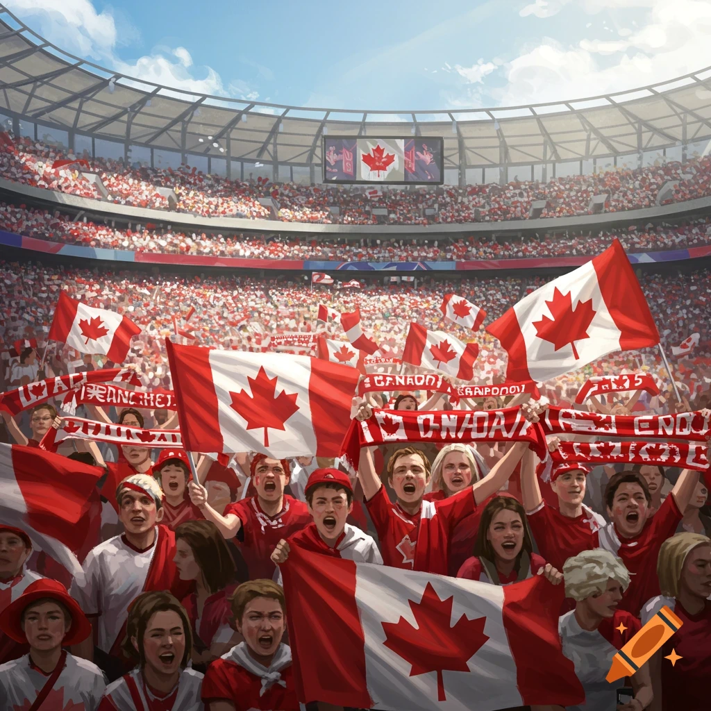A large crowd of enthusiastic fans in a stadium, waving Canadian flags and cheering loudly. The scene captures the excitement of a sports event, with people dressed in red and white.