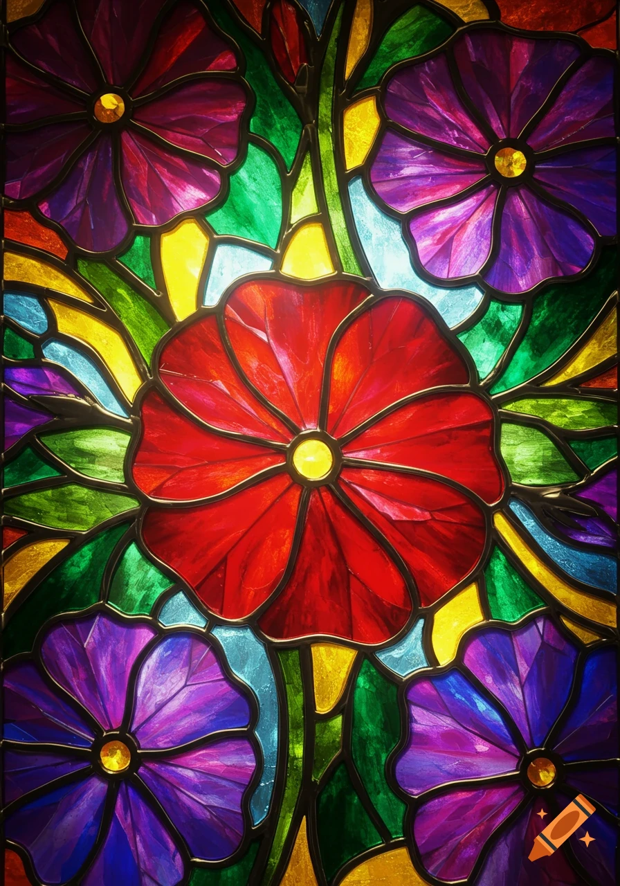 Vibrant stained glass art of red and purple flowers with green leaves and yellow accents.