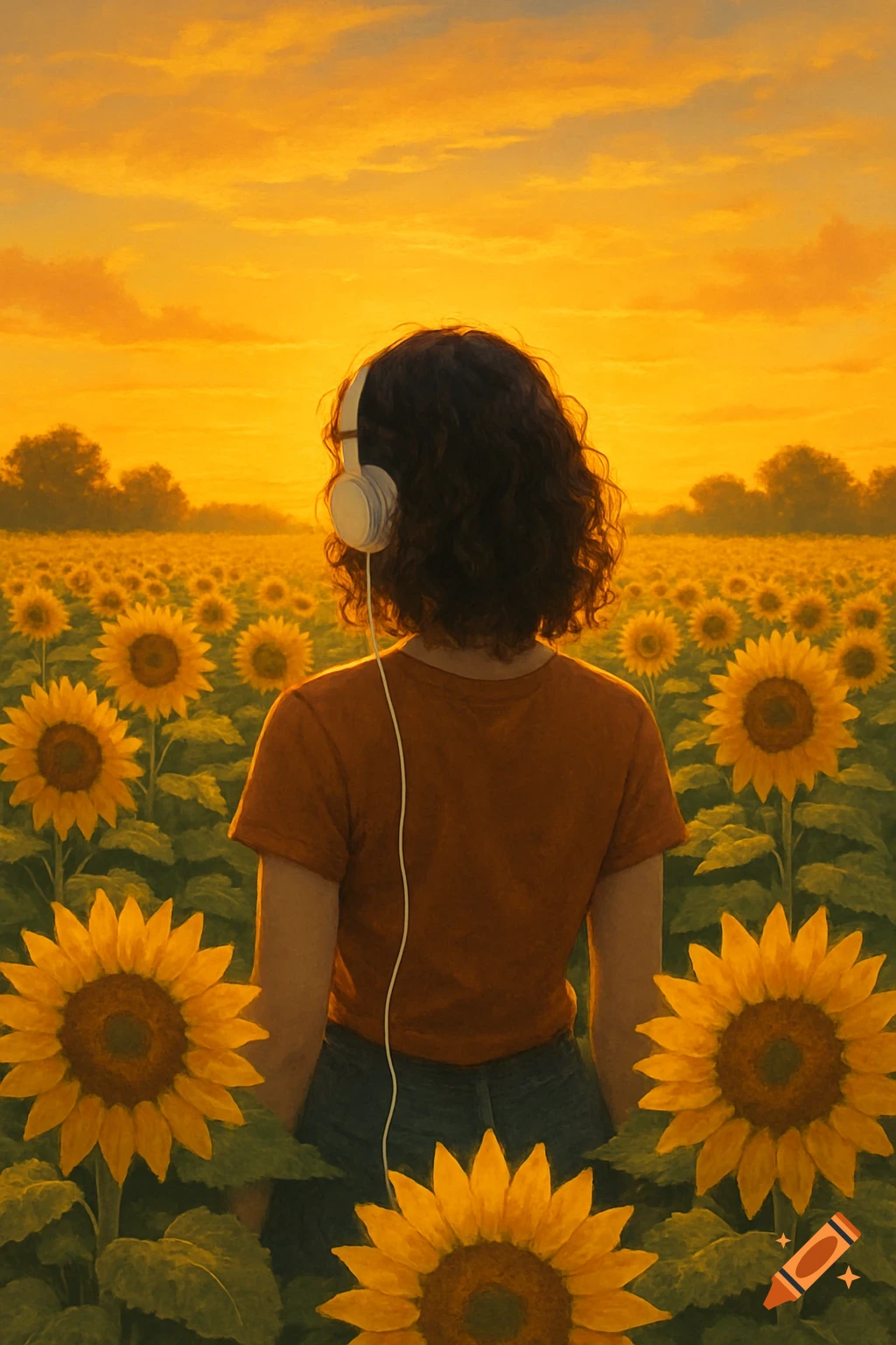 Digital illustration of a woman with headphones from behind, standing in a vibrant sunflower field at warm sunset.
