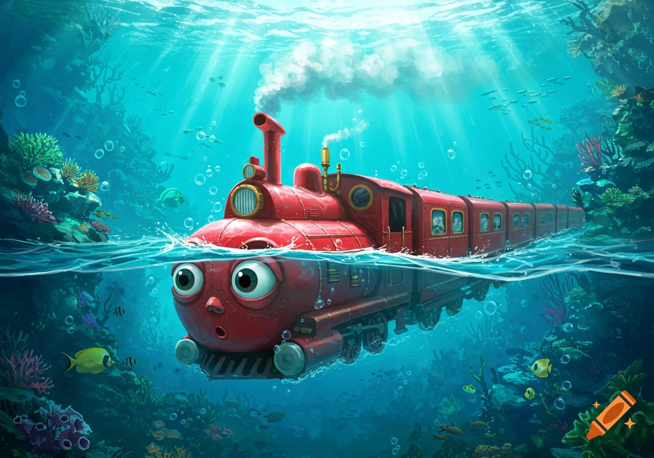 A surprised red cartoon train floats half-submerged in a clear blue ocean, surrounded by colorful coral and fish, smoke rising.
