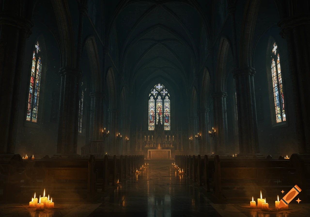 A dimly lit gothic church interior at night, with rows of pews leading to a grand altar, illuminated by hundreds of glowing candles.
