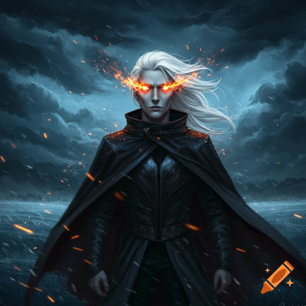 A white-haired person with glowing orange fire eyes wears a dark cape against a stormy, lightning-filled sky.