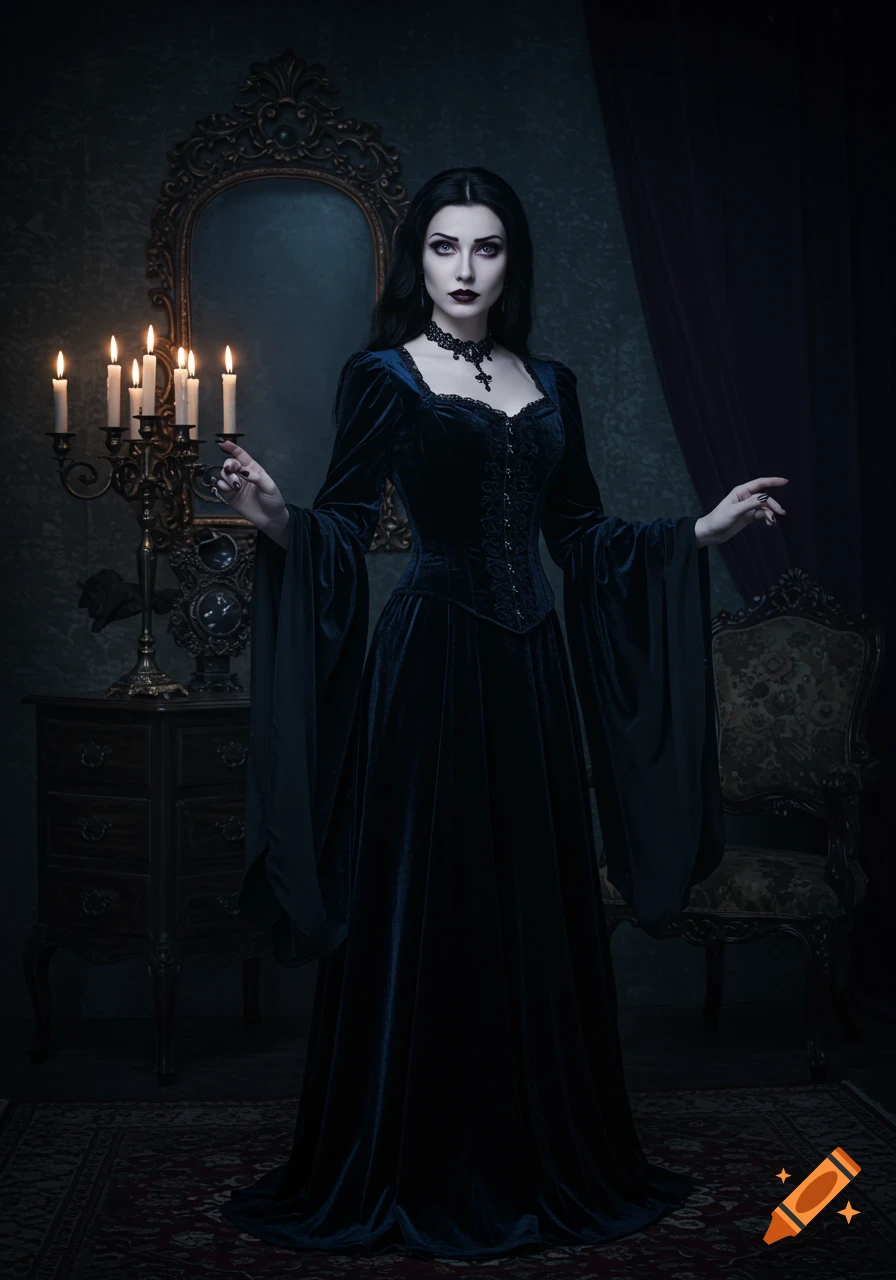 A woman in a dark blue gothic velvet dress stands in an ornate, dimly lit room with a candelabra and mirror, looking at the viewer.