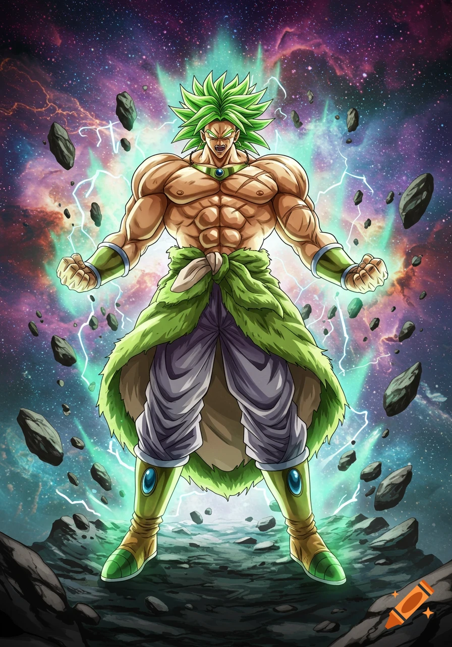 Broly, the Legendary Super Saiyan from Dragon Ball Z, with green spiky hair, muscular physique, glowing with green energy in a cosmic setting.