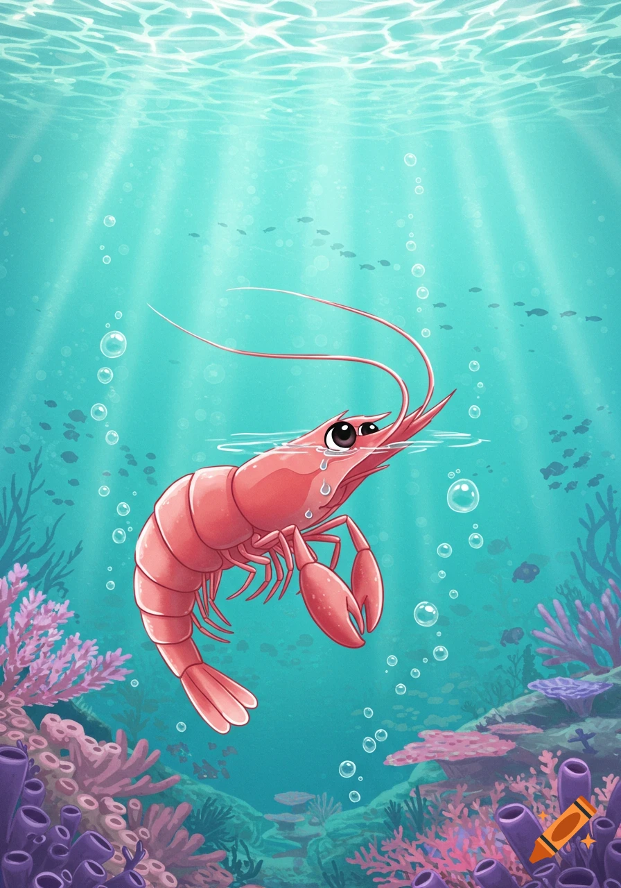 Cartoon illustration of a sad shrimp with big eyes crying underwater, surrounded by colorful coral and small fish.