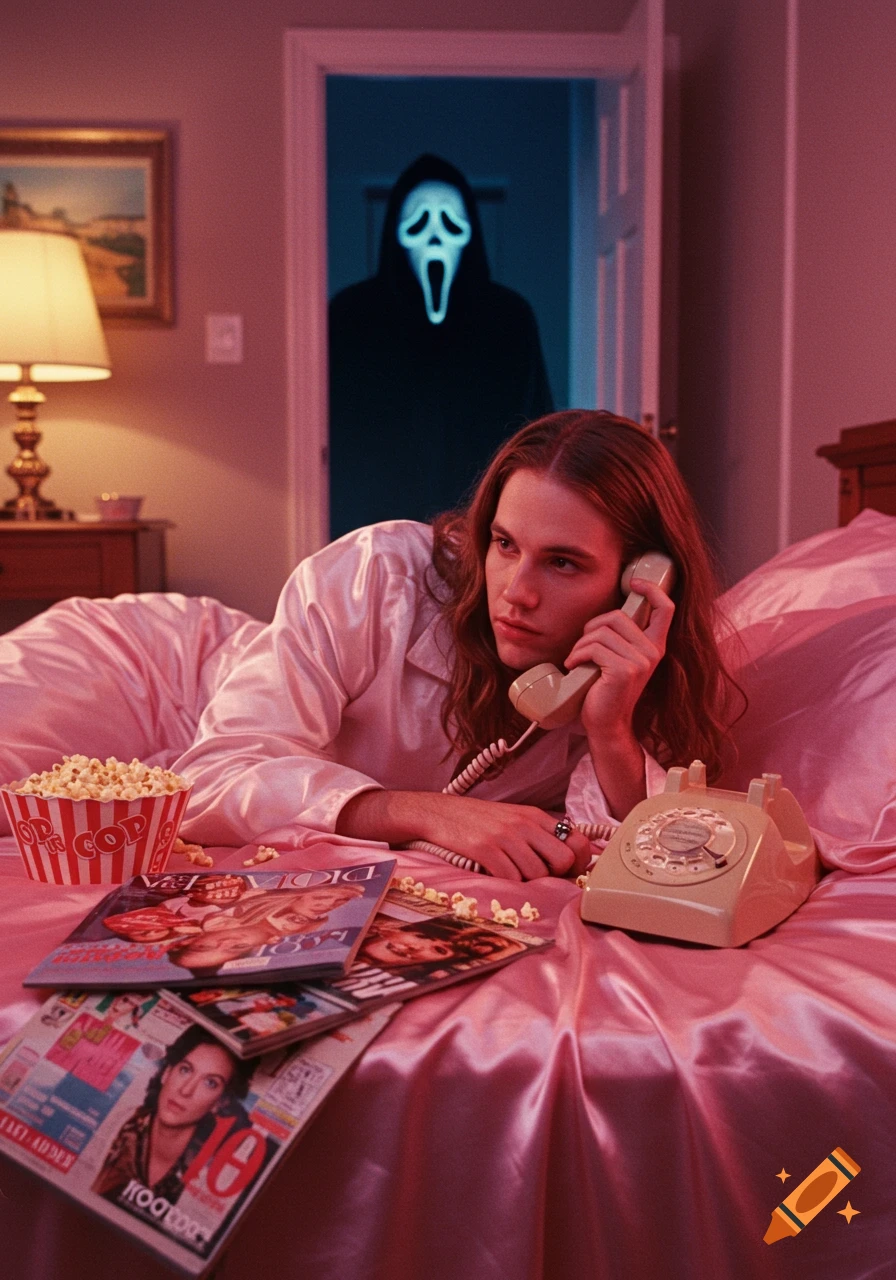A person in pink pajamas lies on a pink satin bed, talking on a retro corded phone, with a Ghostface figure in a doorway behind them. Popcorn and magazines are scattered on the bed.