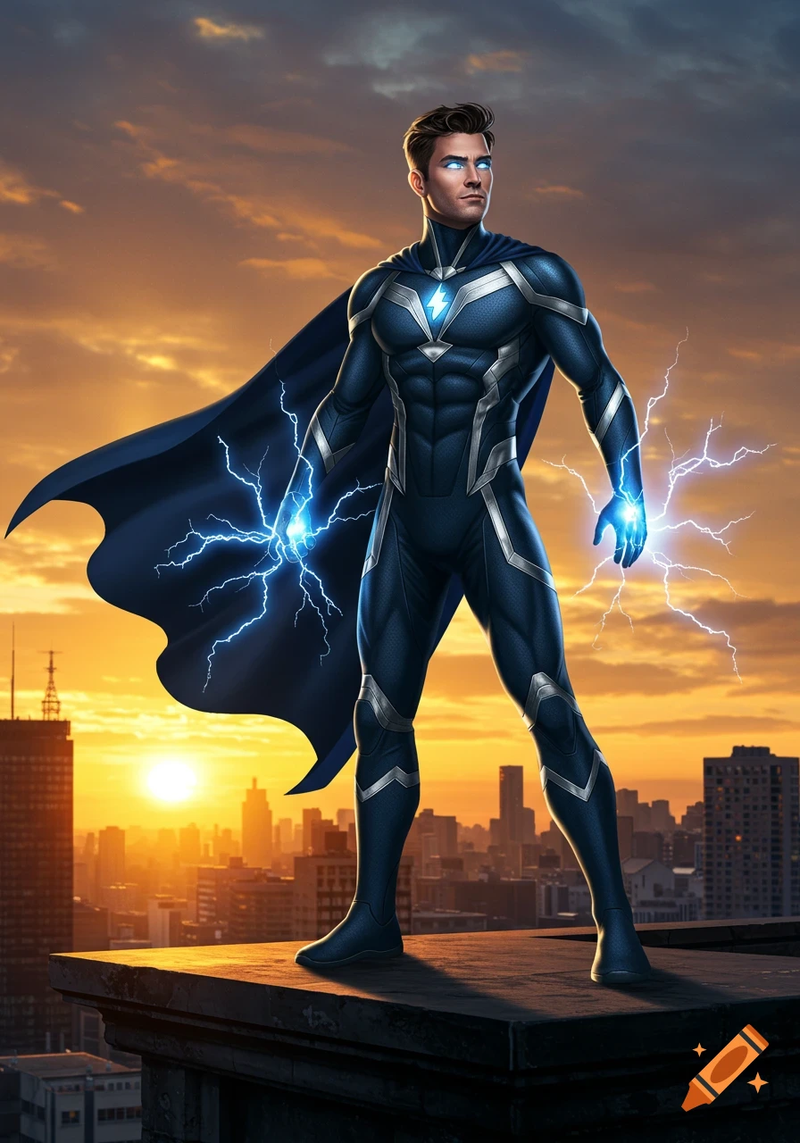 A male superhero in a dark blue suit with a cape and lightning effects stands on a rooftop overlooking a city at sunset.