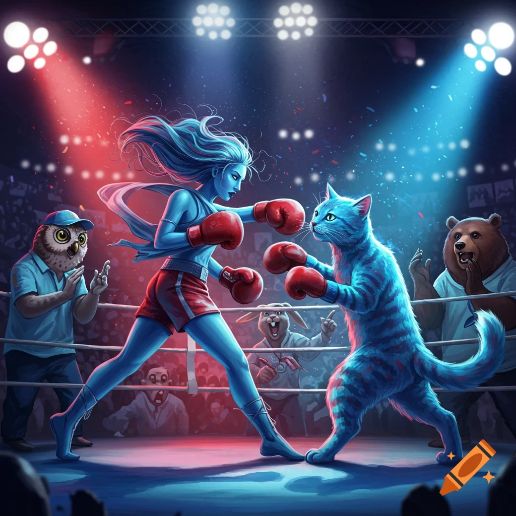 A blue-skinned muse fights a blue striped cat in a vibrant boxing ring, watched by an audience of anthropomorphic animals.