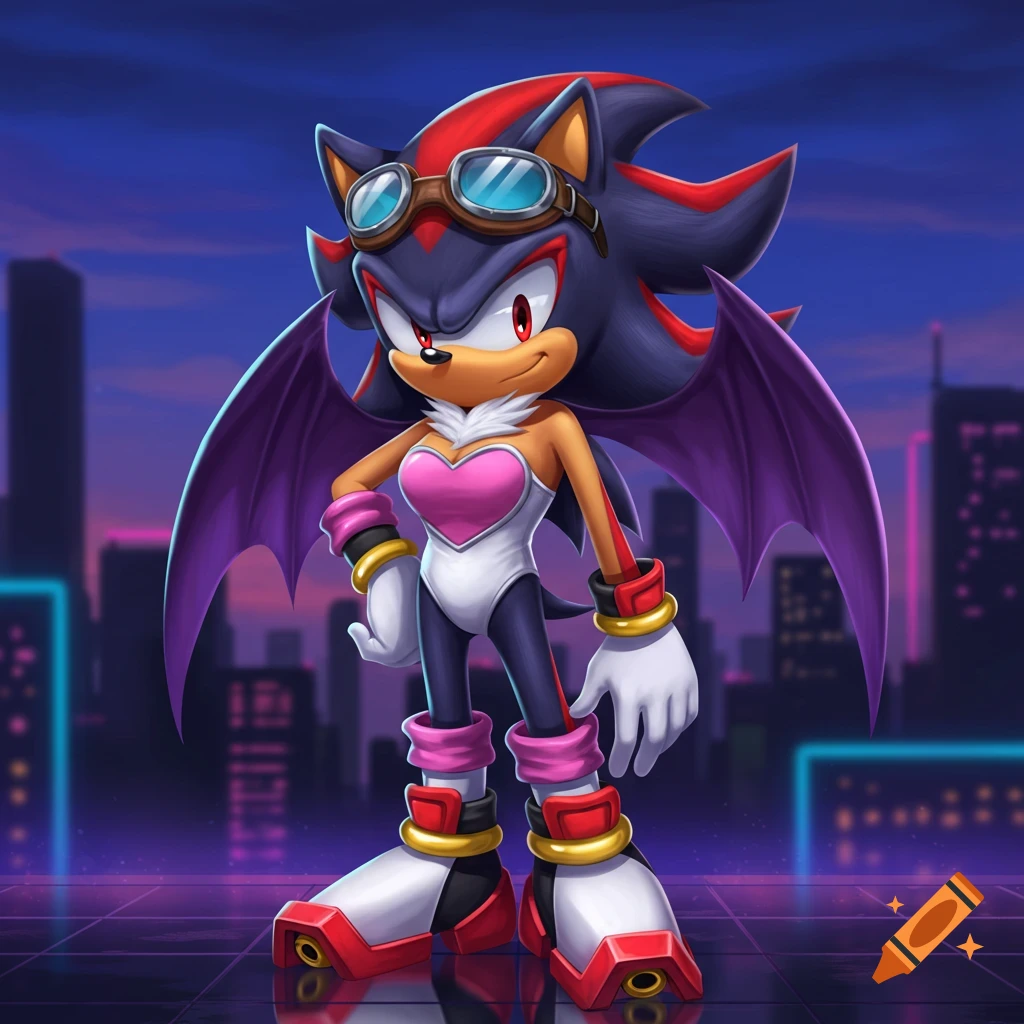 Shadow the Hedgehog dressed as Rouge the Bat, with purple wings and pilot goggles, stands in a neon city at night.