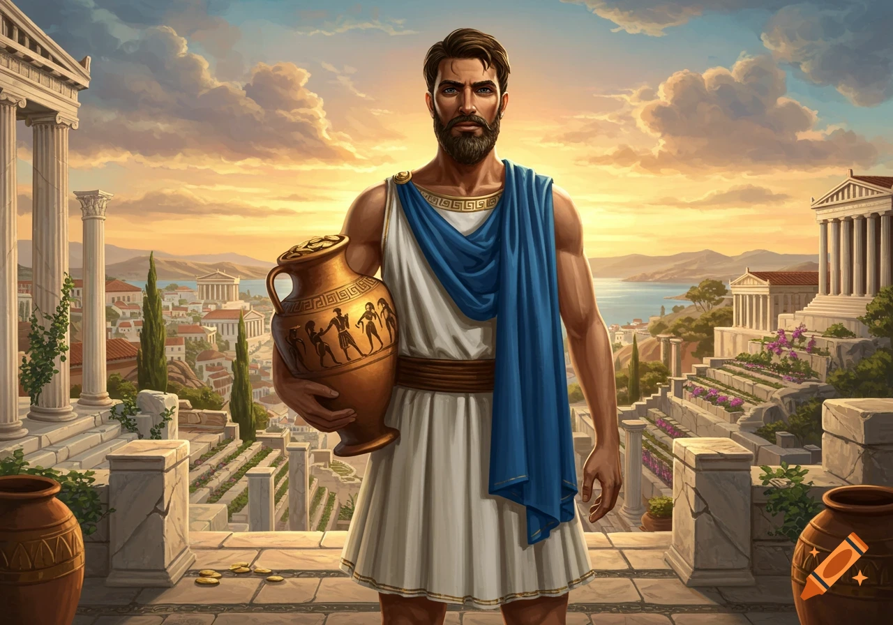A bearded man in ancient Greek attire holds a terracotta amphora, overlooking an ancient Greek city at sunset.