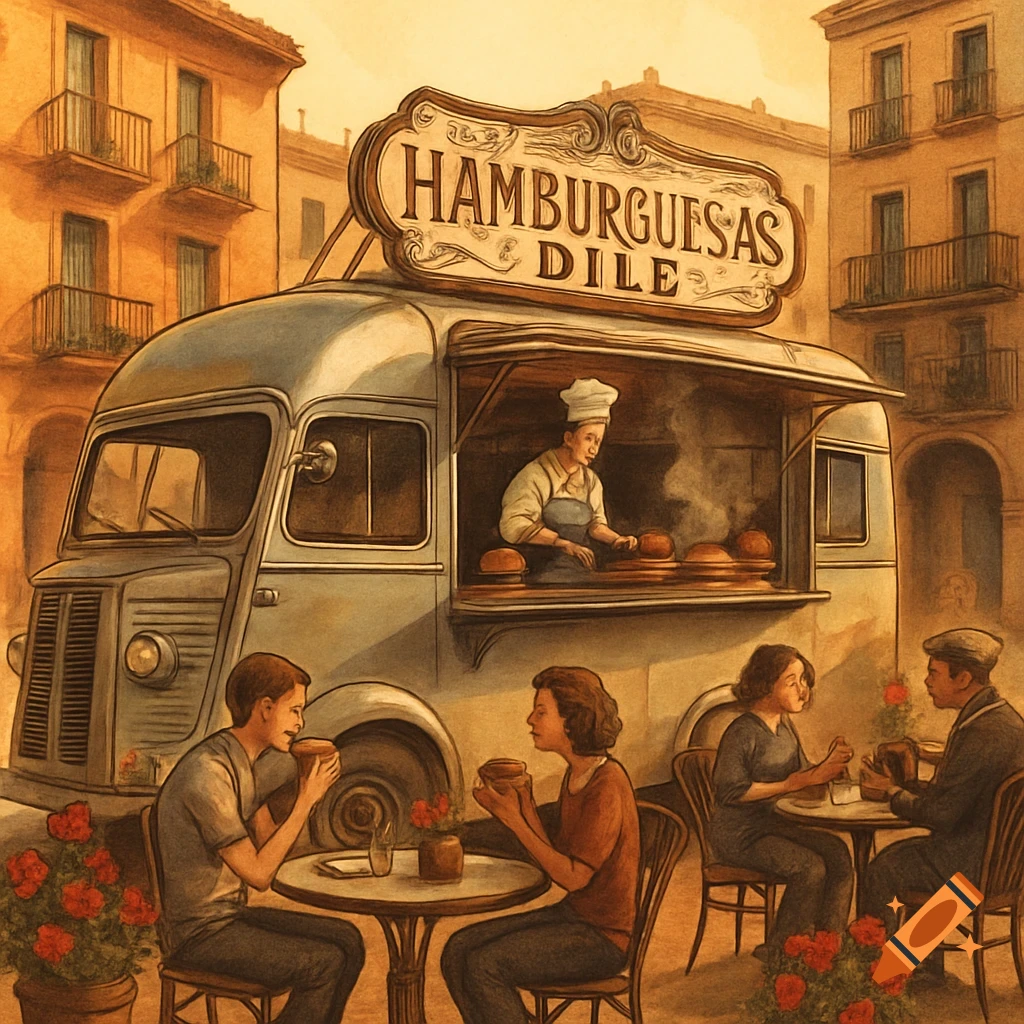 A vintage-style food truck named "HAMBURGUESAS DILE" with a chef inside, serving customers at outdoor tables on a sunny street in a Spanish town.