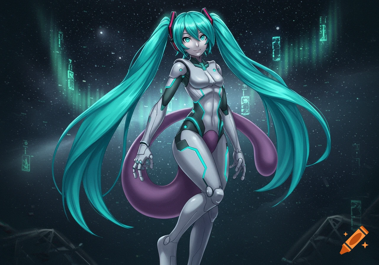 Anime Hatsune Miku in a white and teal sci-fi Mewtwo suit with long aqua pigtails, against a starry digital background.