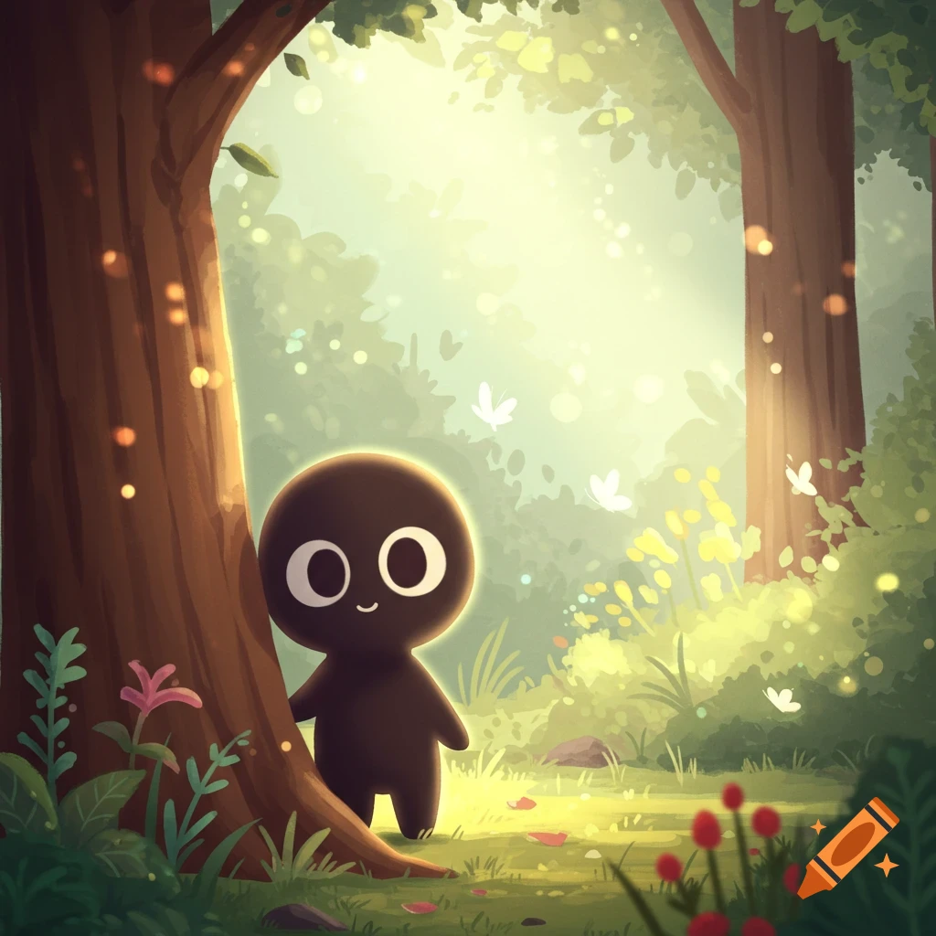 A cute, dark, stylized character with large white eyes peeks from behind a tree in a sunlit, vibrant green forest.