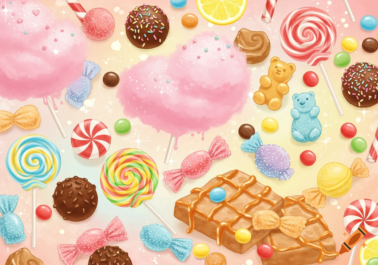A colorful, illustrative background filled with various candies like pink cotton candy, lollipops, gummy bears, and chocolates.