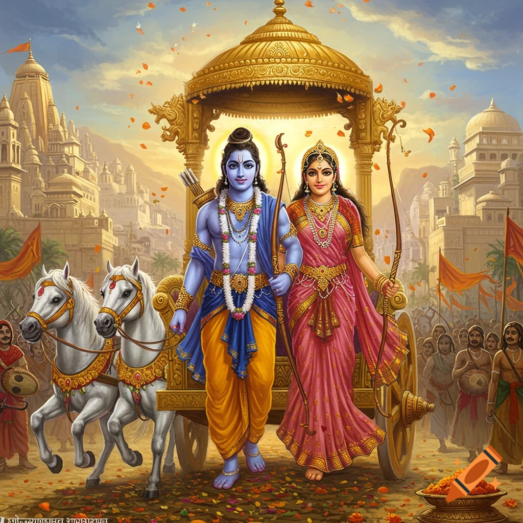 Lord Rama (blue skin) and Sita in traditional attire ride a golden chariot pulled by white horses through a city, with a cheering crowd and falling flower petals.