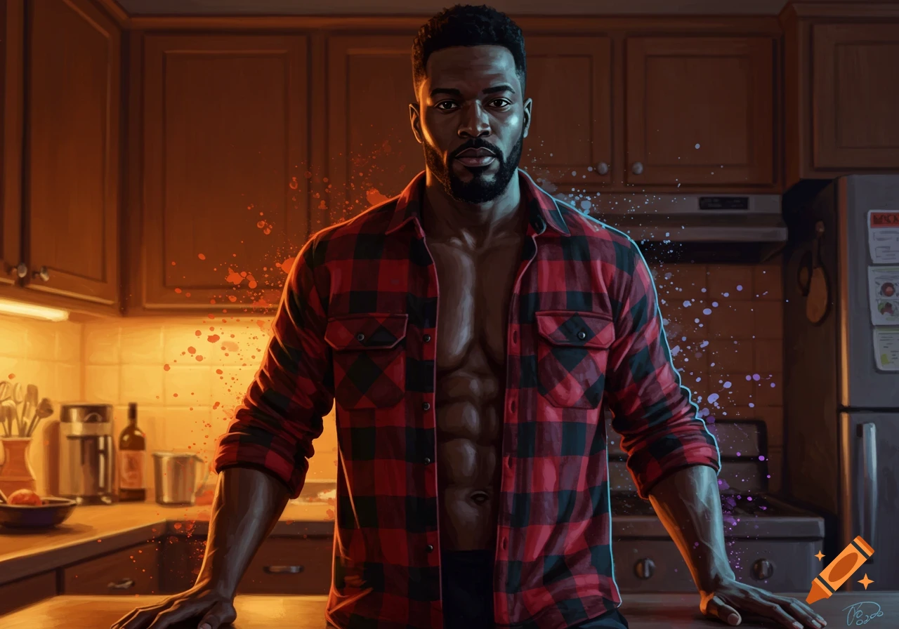 Digital art portrait of a muscular Black man with short hair and beard, wearing an unbuttoned red flannel shirt in a cozy kitchen.