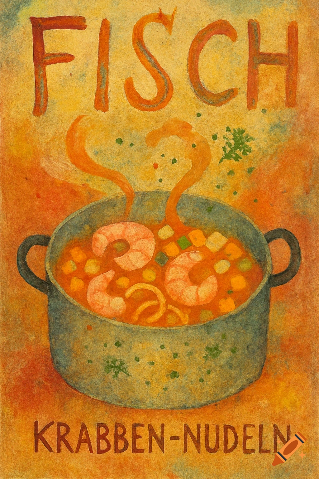 Painterly illustration of a steaming pot of shrimp and noodle soup with 'FISCH' at the top and 'KRABBEN-NUDELN' at the bottom.