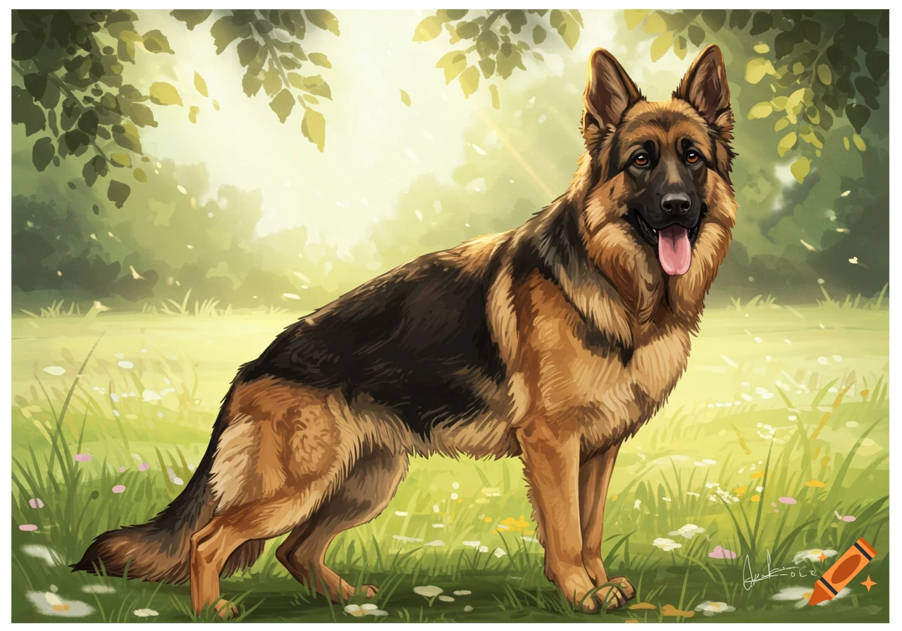 A majestic German Shepherd dog stands in a sunlit green field with a blurred forest background, in a painted style.