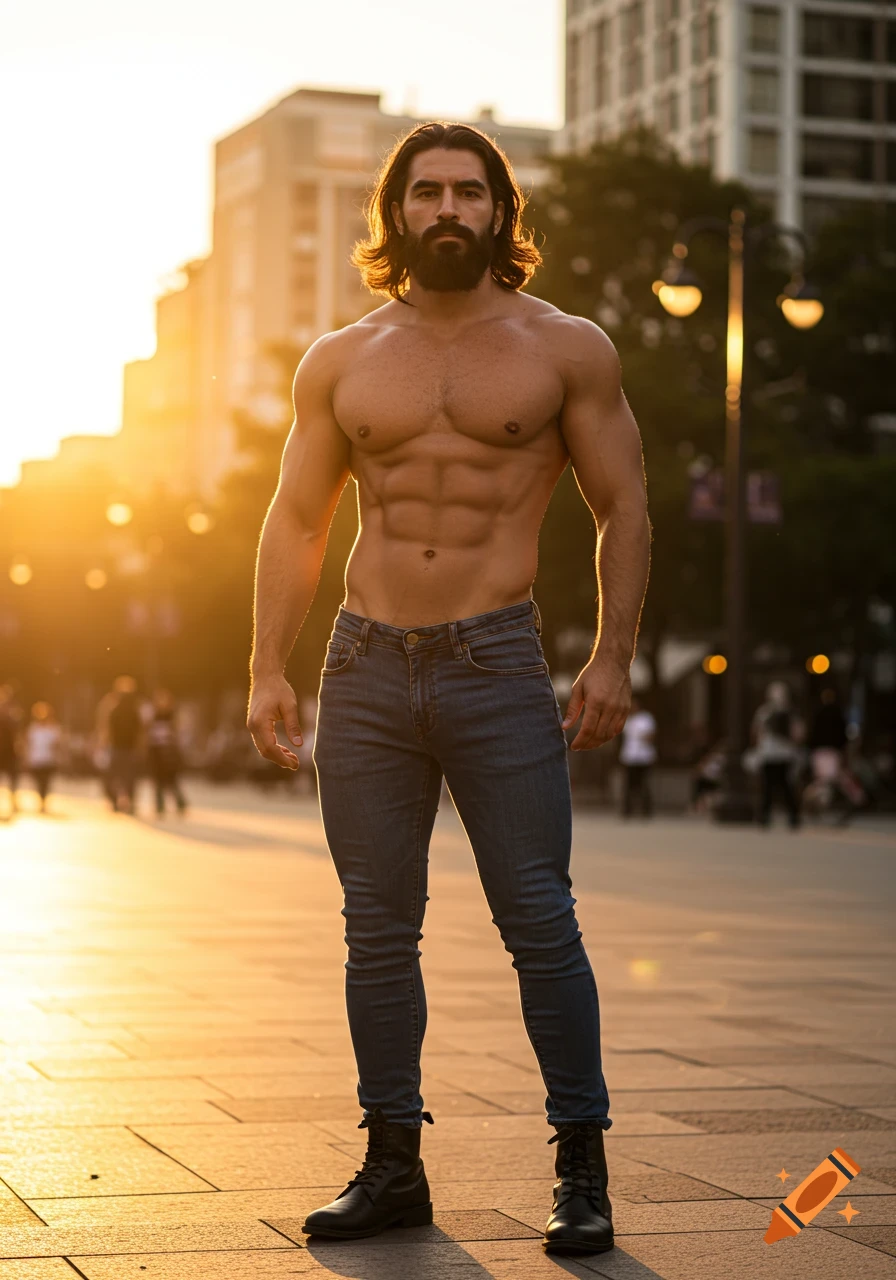 Photorealistic image of a very muscular, long-haired, bearded man shirtless in blue jeans and black boots, bathed in golden hour sunlight in an urban setting.