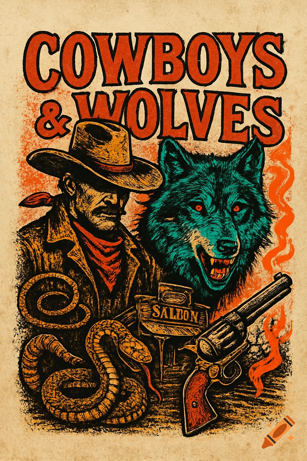 A vintage grunge-style illustration of a cowboy and a teal wolf, with a snake, revolver, and 'Salbon' sign. Text reads 'COWBOYS & WOLVES'.