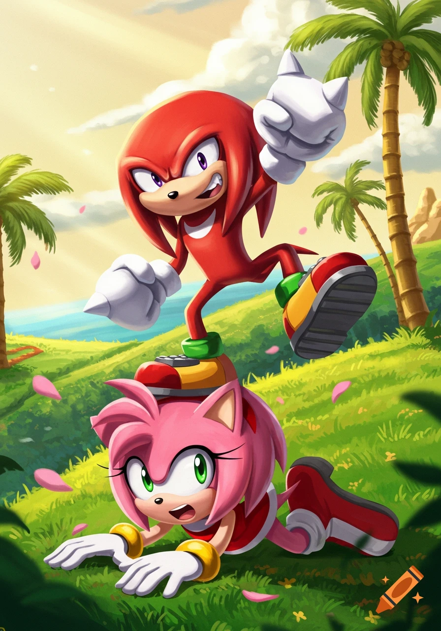 Knuckles the Echidna stands on Amy Rose's head on a grassy hill with palm trees, looking determined. Amy looks surprised.