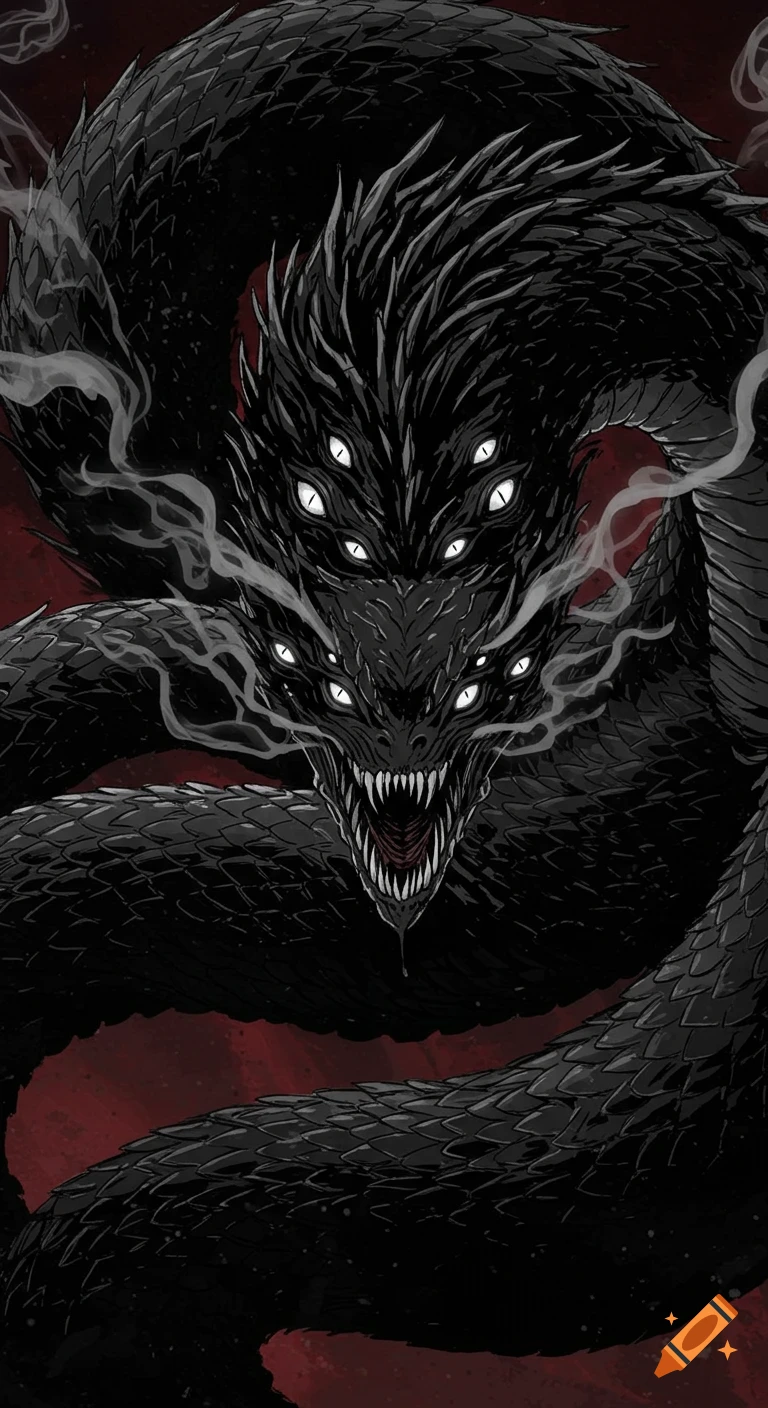 A massive, multi-headed black serpent monster with many glowing white eyes, sharp fangs, and smoke-like wisps, depicted in a dark manga art style against a red background.