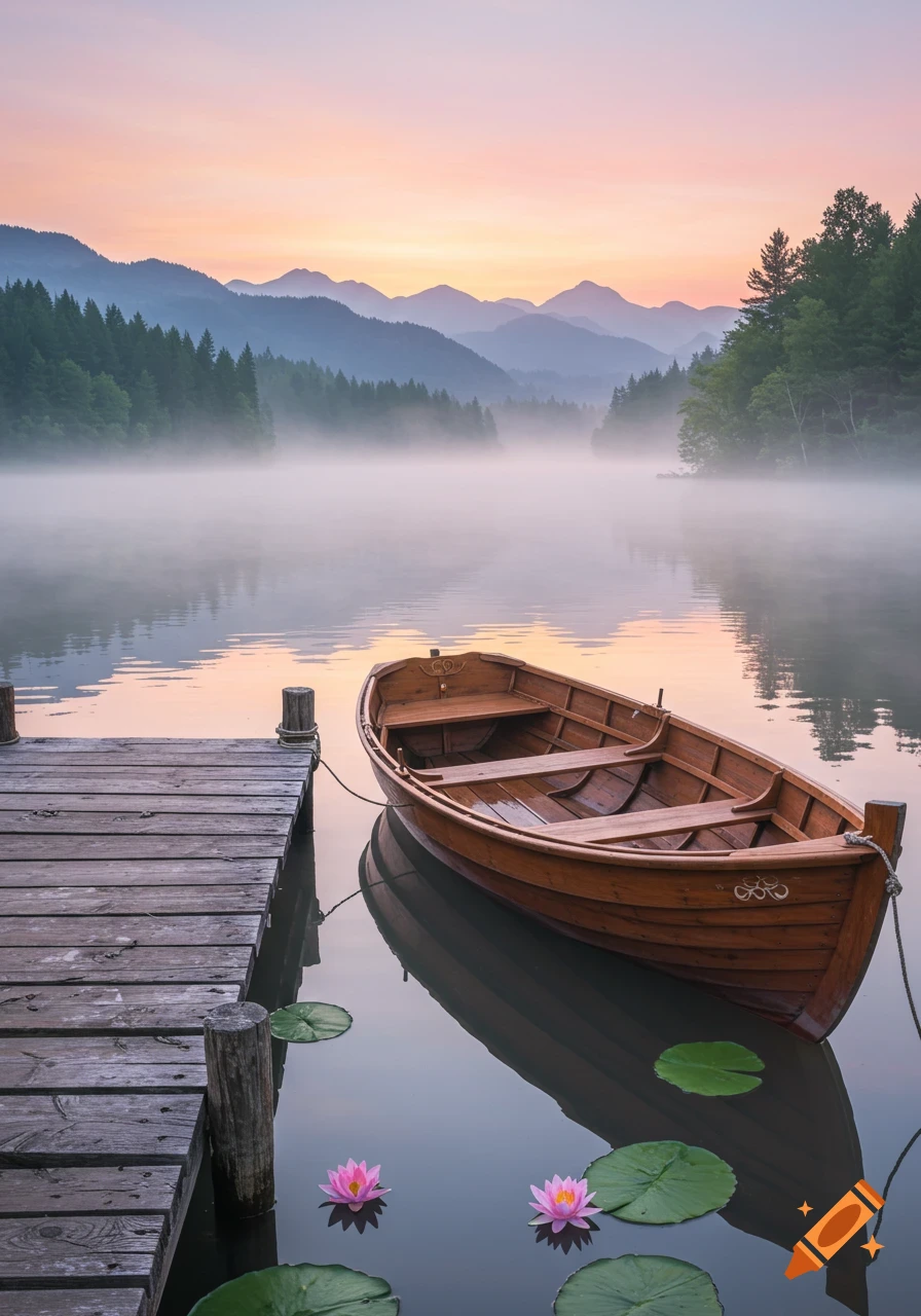 A wooden rowboat tied to a wooden dock on a misty lake with mountains and forests at sunrise, pink water lilies floating nearby.