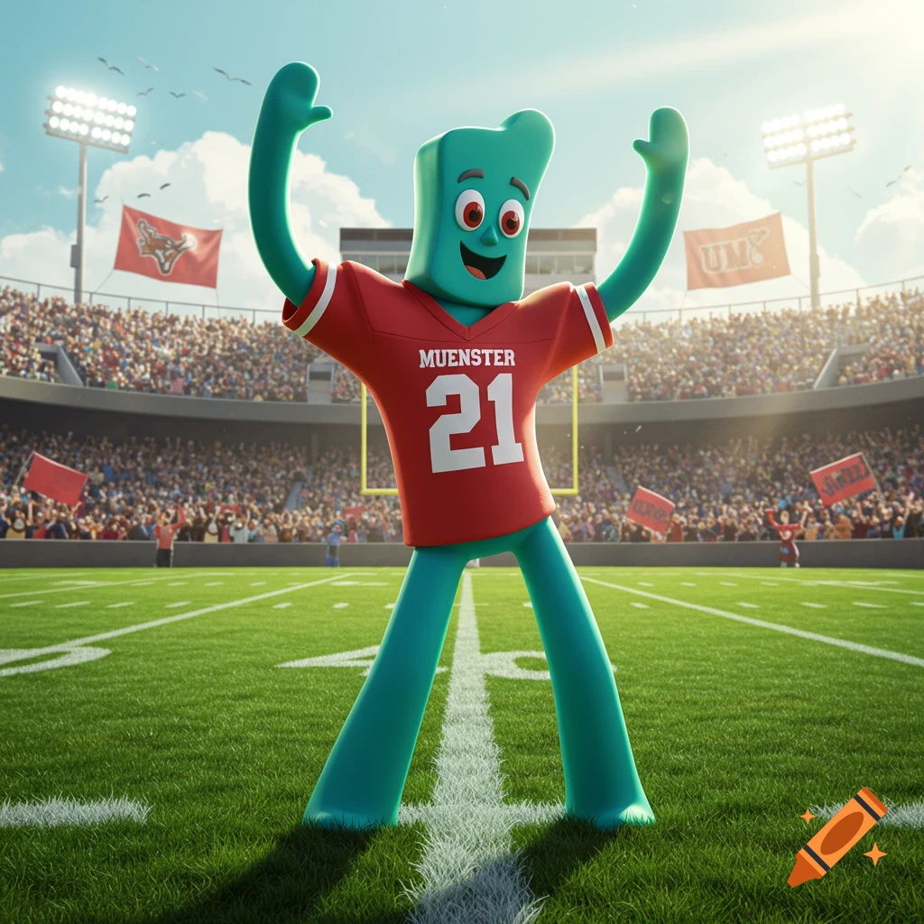 A teal Gumby-like character in a red football jersey with 'MUENSTER 21' raises its arms in a crowded stadium, photorealistic 3D render.