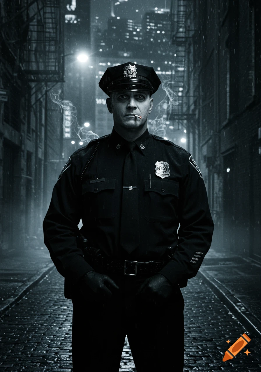 A police officer with chalk-white skin stands in a dark, rainy city street, smoking, in graphic noir style.
