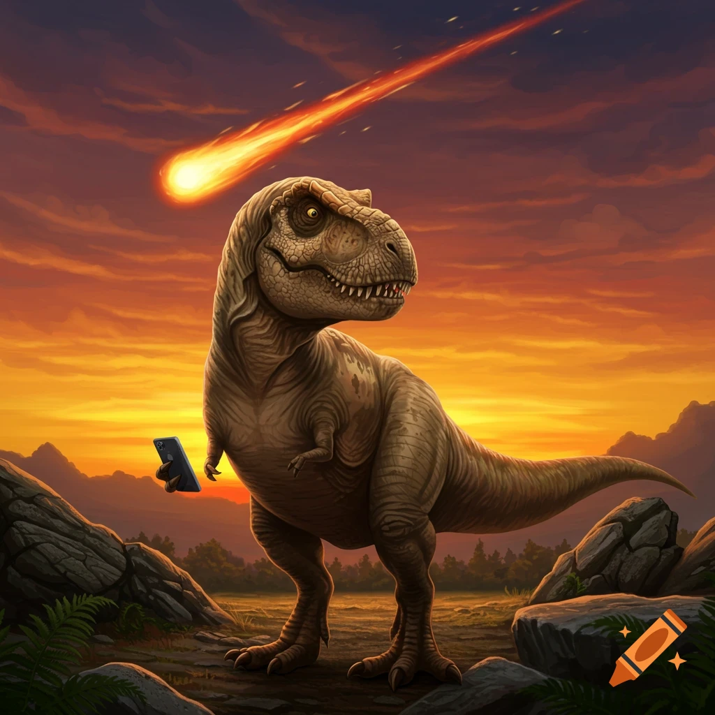A humorous illustration of a T-Rex holding a smartphone at sunset with a meteor streaking across the sky.